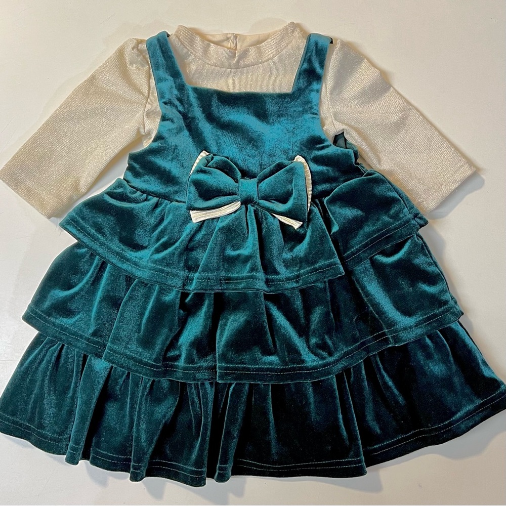 BLUEBERI BOULEVARD Metallic Gold Top Velvet Green Baby Girl Dress Set Size 12 M